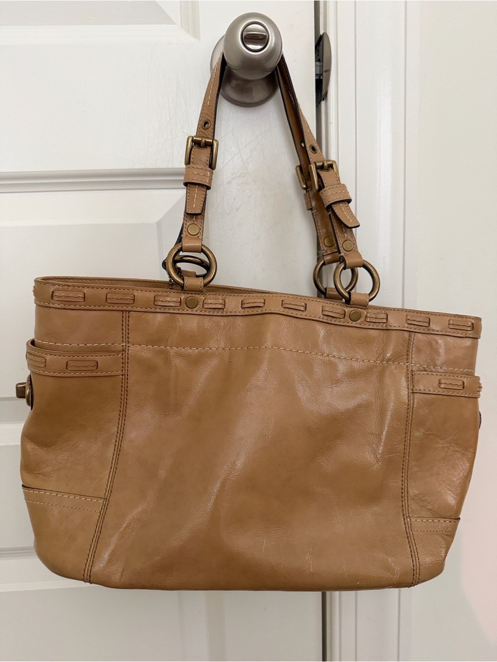 Coach Tan Leather Shoulder Bag with Ring-Detail Straps